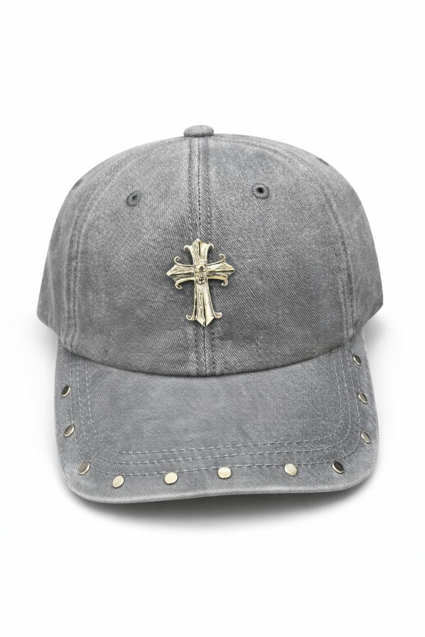 Gray cap with a gold cross emblem on a white background